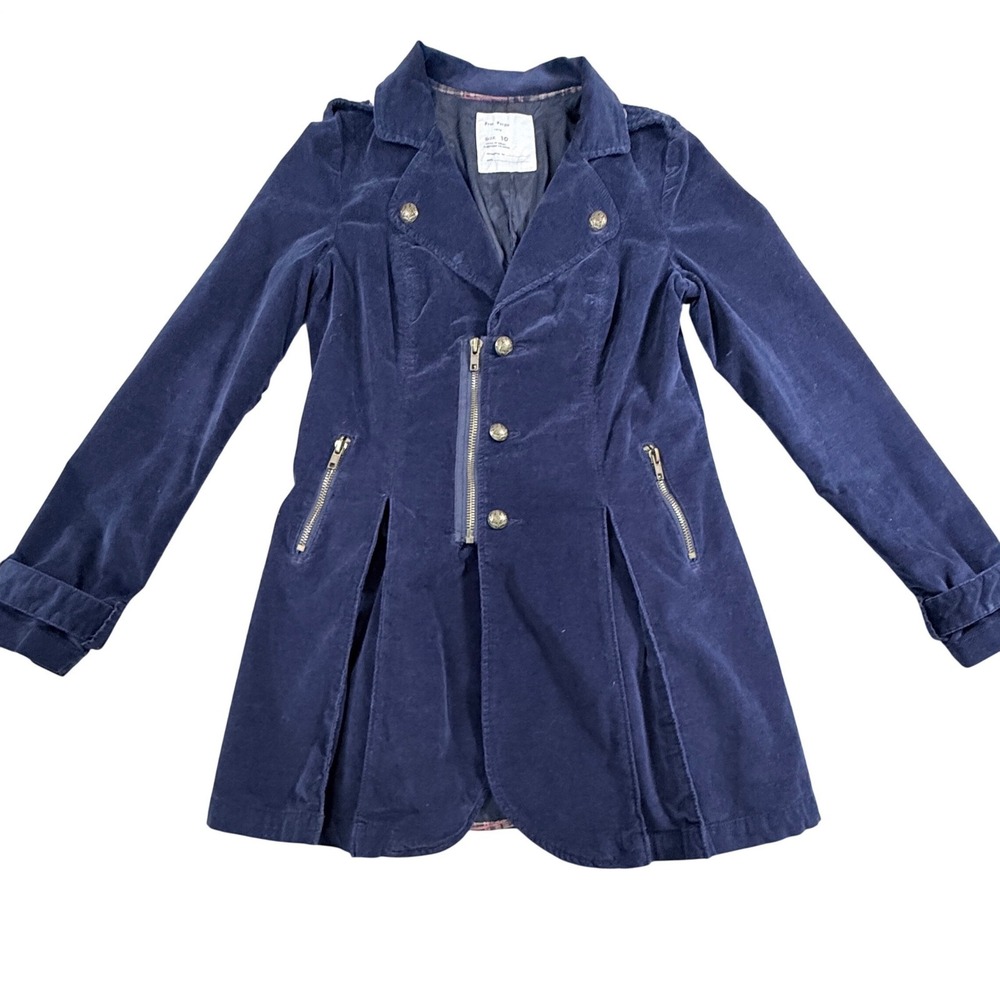 Free People Navy Blue Velvet Military Regimental Peplum Jacket Brass Buttons 10